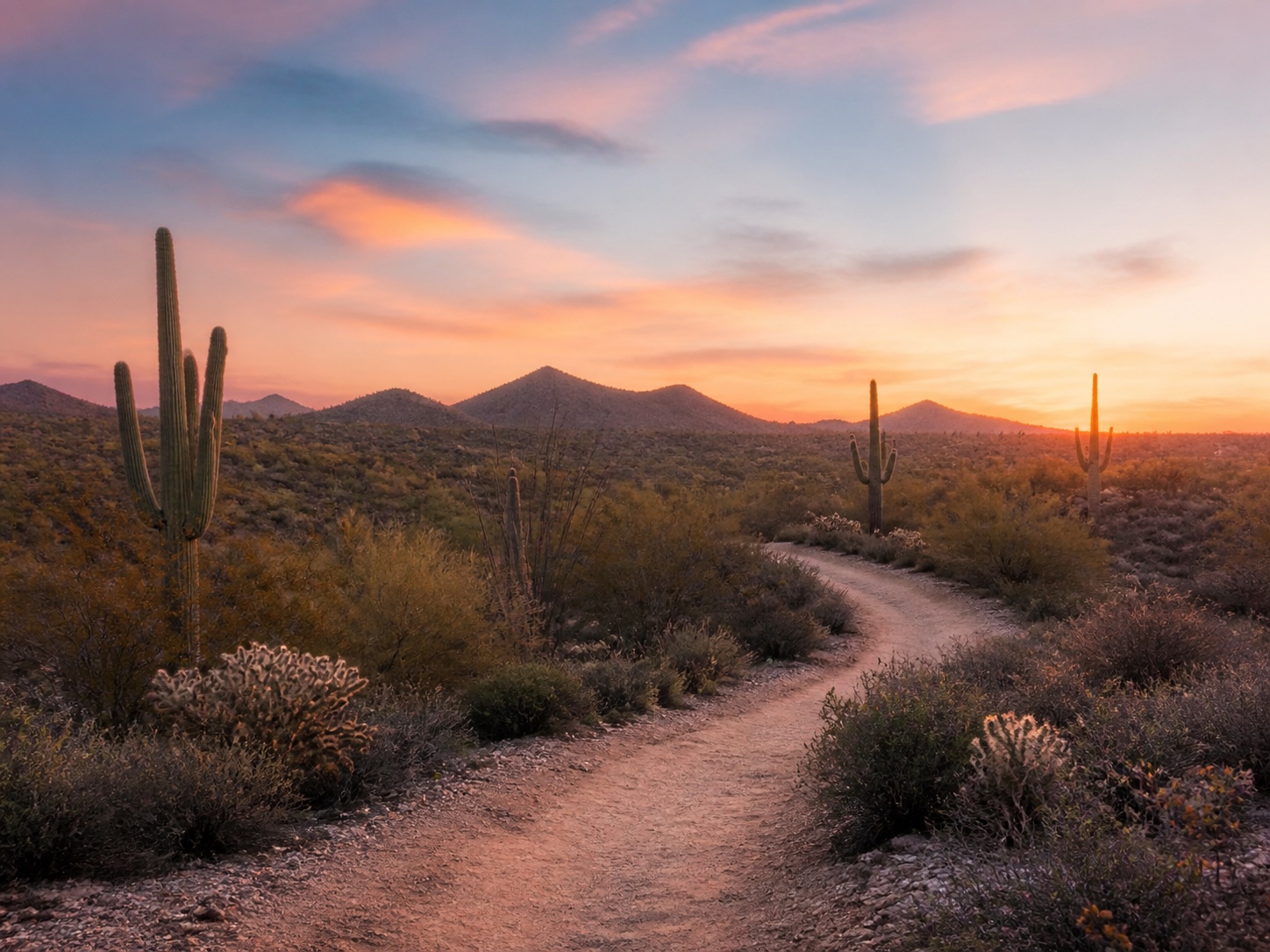 A desert path winding through the Southwest at sunset